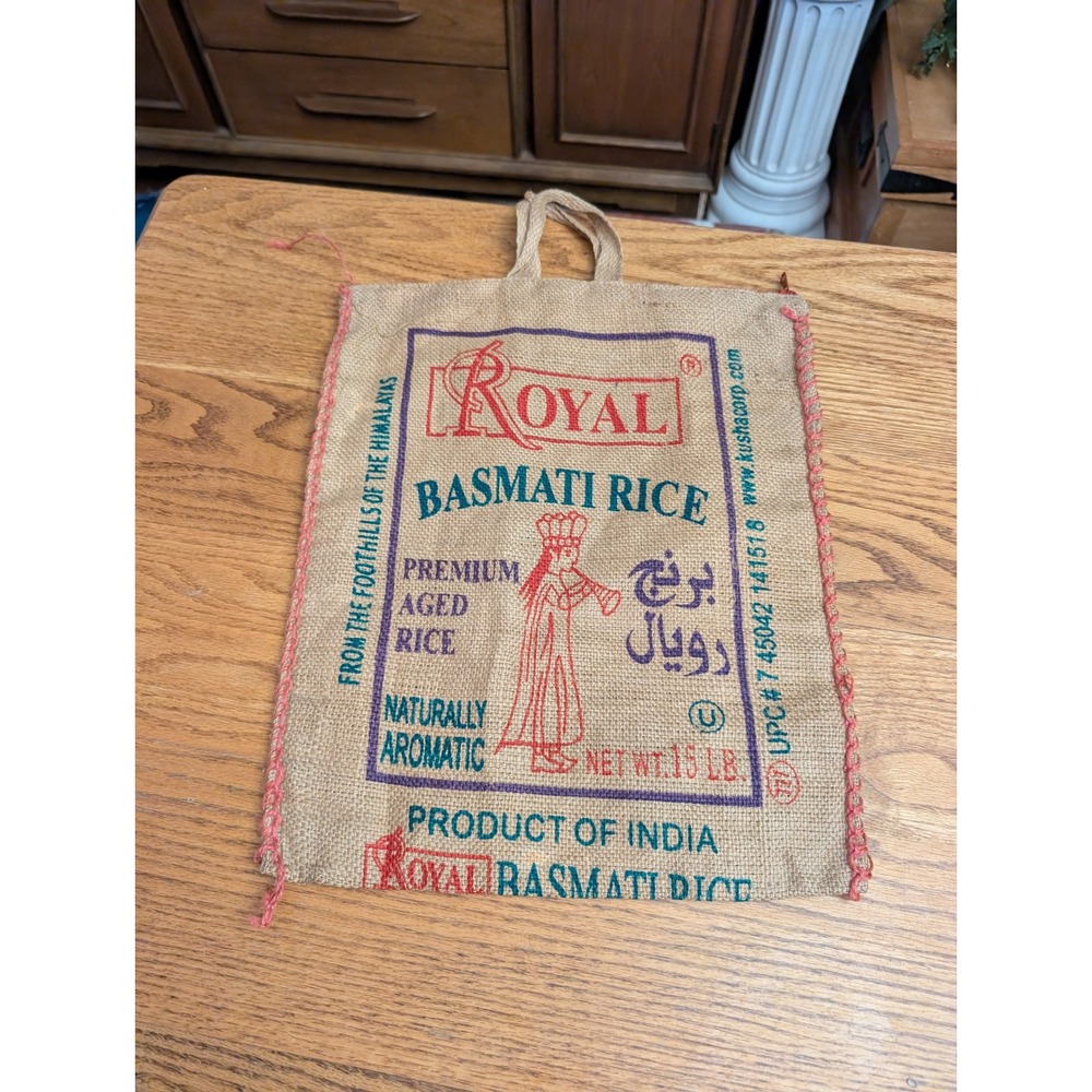 Royal Basmati Rice Burlap Jute Tote Bag Zippered Reusable Grocery Sack India
